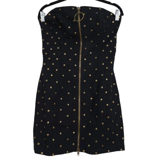 Vtg Betsey Johnson Womens Dress Black Denim Studded Zip Strapless Y2K 90s Sz 4 S - Picture 3 of 10